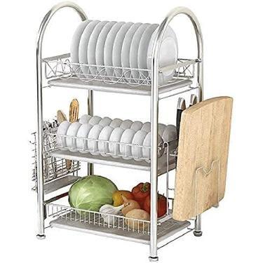 Imagem de Suporte de escorredor de pratos escorredor de pratos organizador prateleira de cozinha suporte de tábua de corte de utensílios de aço inoxidável com suporte de placa de panela de drenagem (cor: prata