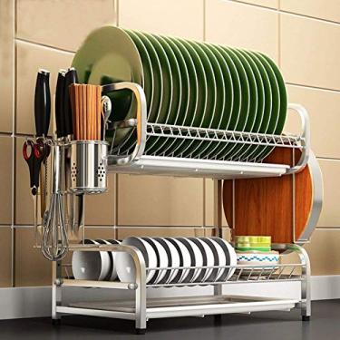 Imagem de U5GAAALPPQ9 Escorredor de pratos de cozinha escorredor de pratos prateleira de cozinha prateleira de aço inoxidável prateleira dupla. Rack de tigela de drenagem