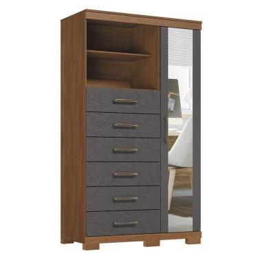 Imagem de Comoda 1 Porta 6 Gavetas Marabá Com Espelho E Pés Jatobá Grafite Acetinado - Santos Andirá