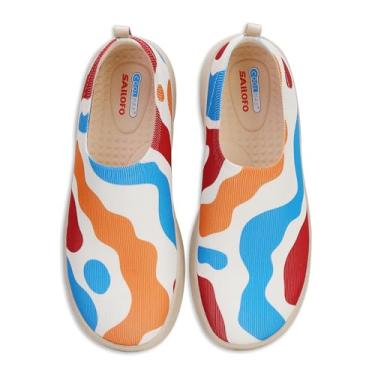 Imagem de SAILOFO Tênis feminino sem cadarço, confortável, casual, com pintura artística, leve, rasteira, respirável, para caminhada, Textura geográfica, 38