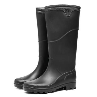 Imagem de pfoosnd Botas de chuva masculinas, botas de chuva de borracha à prova d'água PVC leves e duráveis botas de jardim, Joelho preto, 40