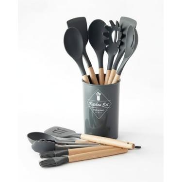 Imagem de Kit de Utensílios de Cozinha Premium 12 Peças – Silicone Resistente e Madeira Natural – Suporte Organizador, Antiaderente, Alta Temperatura (230 °C) (Verde claro)