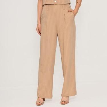 Imagem de Calça Bisô Risca de Giz Alfaiataria Reta Bege-Feminino