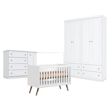 Imagem de Quarto De Bebê Americano 4 Portas Com Berço Americano Q Encanto 3820 Retrô Branco Acetinado - Qmovi - Henn