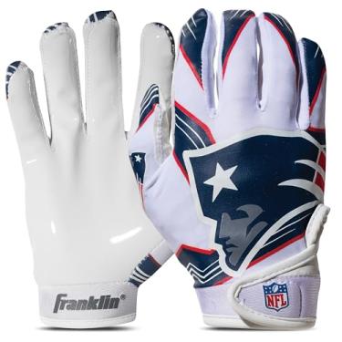 Imagem de Franklin Sports Luvas receptoras de futebol americano da NFL New England Patriots – Luvas receptoras para crianças – logotipos da equipe NFL e palma de silicone – Par juvenil P/PP