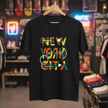 Imagem de Camiseta Masculina Street New York Algodão Penteado Slim Fit Camisa Casual Personalizada Urbana-Masculino