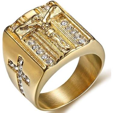 Imagem de Anel Masculino Jesus Cristo Cravejado Banhado Ouro 18k Luxo Religioso 