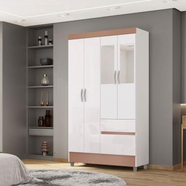 Imagem de Guarda-Roupa Solteiro San Diego 4 Portas 2 Gavetas com Espelho Branco/Camarim - Pnr Móveis
