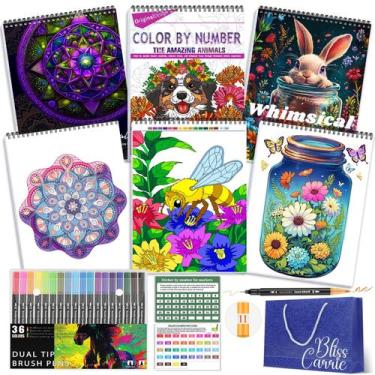 Imagem de Kit de Livros de Colorir para Adultos ADEVIAN com 36 Marcadores
