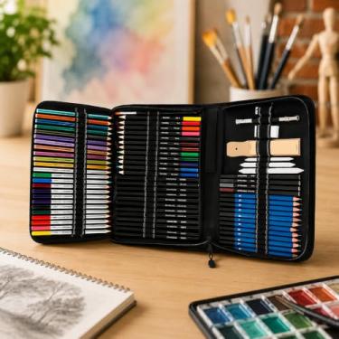 Imagem de Kit Lapis de Desenho Profissional 72 Peças com Estojo Portátil, Lapis de Cor e Grafite Profissional, Sketchbook, Borrachas, Estilete e Acessórios para Artistas e Estudantes Linha Super Premium