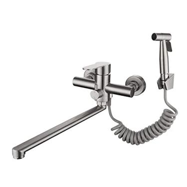 Imagem de Pkfinrd Torneira de cozinha montada na parede, torneiras de misturador para pia de cozinha escovadas com booster, pistola de pulverização para banheiro, torneira multifuncional quente e fria