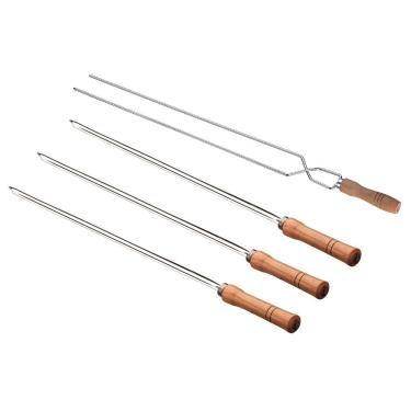 Imagem de Conjunto de Espetos Simples e Duplo Utimil em Aço Inox, Aço Cromado e Madeira – 4 Peças 