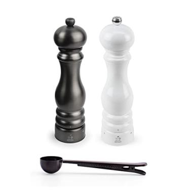 Imagem de Peugeot Paris Chef Carbone u'Select Stainless Steel 22cm 9 inch Carbon Finish Pepper Mill w/ White Lacquered Salt Mill- With Stainless Steel Spice Scoop/Bag Clip