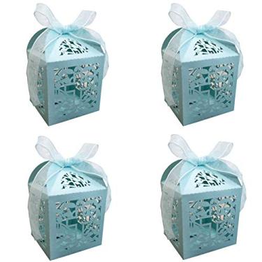 Imagem de Caixas de lembrancinha de batismo da VIVIQUEN, caixas de lembrancinha com corte a laser com 50 fitas para chá de bebê, batizado, decorações de festa de casamento Bomboniere (azul claro 50 peças)