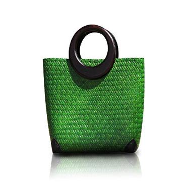 Imagem de QTKJ Bolsa de mão feminina de palha grande Boho para mulheres, bolsa de viagem de vime de praia de verão com alça superior redonda de madeira (verde), Multicolorido, 11.8''x 3.9''x 10.2''