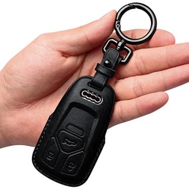 Imagem de Tukellen Para Audi Key Fob Capa de couro genuíno com chaveiro, capa protetora de couro compatível com Audi A4 Q7 Q5 TT A3 A6 SQ5 R8 S5 Smart Key-Preto