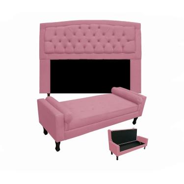Imagem de Cabeceira Geovana + Calçadeira Fênix Para Quarto Solteiro 90cm Suede Rosa Barbie - LM DECOR