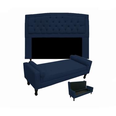 Imagem de Conjunto Cabeceira Geovana + Calçadeira Fênix King 195cm Suede Azul Marinho - LM DECOR