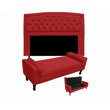Imagem de Cabeceira Geovana + Calçadeira Fênix Para Quarto Solteiro 90cm Suede Vermelho - LM DECOR