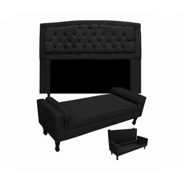 Imagem de Cabeceira Geovana + Calçadeira Fênix Para Quarto Solteiro 90cm Suede Preto - LM DECOR