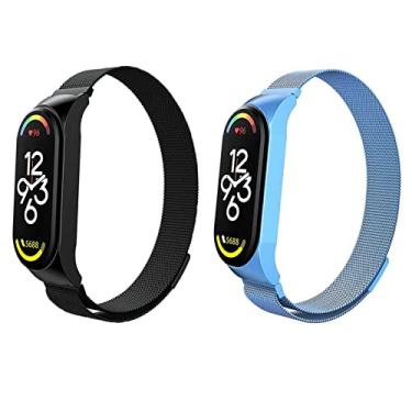 Imagem de Kit 2 Pulseira magnética de metal para Xiaomi Band 7 6 5 4 3, pulseira de substituição de aço inoxidável ajustável para smartwatch, adequada para mulheres, homens, esportes e trabalho. (Mi Band 3/4/5/6, Preto + azul celeste)