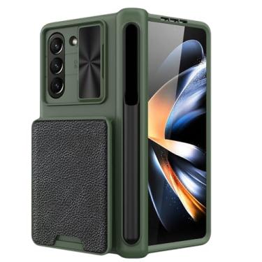 Imagem de LXURY Capa carteira para Samsung Galaxy Z Fold 5, capa à prova de choque de cobertura total com slot para cartão destacável, caneta stylus para câmera, capa de proteção de janela deslizante, verde, Z Fold 5 de 7,6 polegadas
