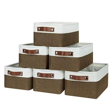 Imagem de HNZIGE Cestas pequenas para organizar, caixas de armazenamento de tecido (pacote com 6) cestas decorativas dobráveis com alças, cestas de presente vazias para guardar roupas, brinquedos, livros (marrom e branco, 30 x 19 x 13 cm)