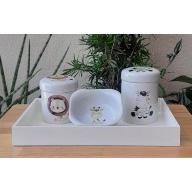 Imagem de Kit higiene bebê Safari 4 peças - Bandeja, potes e molhadeira - Peças Porcelana Bandeja Pinus