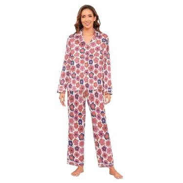 Imagem de KLL Lindo conjunto de pijama de cetim com padrão floral abstrato vermelho e confortável conjunto de pijama feminino de cetim para mulheres, Estampa floral abstrata vermelha fofa, M