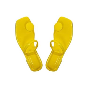 Imagem de SweatyRocks Sandálias femininas de couro PU aberto com bico quadrado e decoração redonda sandálias planas ao ar livre, Amarelo, 35