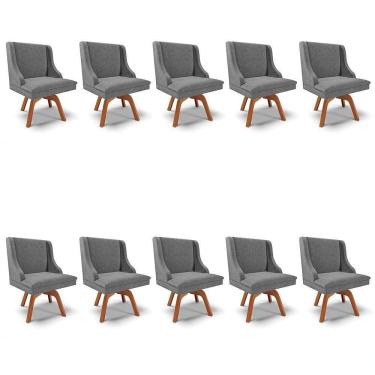 Imagem de Kit 10 Cadeiras Estofadas Para Sala De Jantar Base Giratória De Madeira Lia Linho Grafite - Ibiza