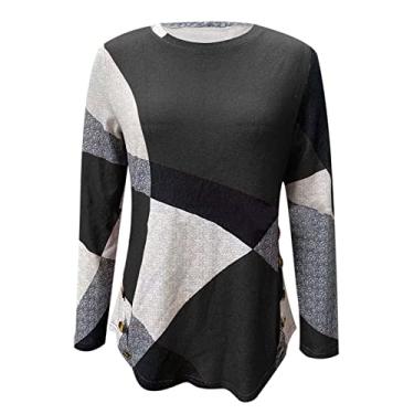 Imagem de Kuluzego Camisetas femininas de flanela com gola redonda para mulheres Color Block Geometria Inverno Outono 2023 DX, W-07 Cinza, XXG