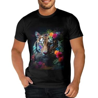 Imagem de Sipumia Camiseta unissex de algodão manga curta gola redonda 3D estampa floral tigre camiseta casual, Cor-03, GG