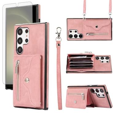 Imagem de Capa de telefone para Samsung Galaxy S24 Ultra 5G capa carteira e protetor de tela de vidro temperado com alça transversal de pulso suporte para cartão de crédito S24Ultra 24S S 24 24Ultra feminino