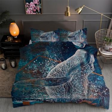 Imagem de Jogo de cama com estampa de animais e baleias, conjunto de 3 peças para decoração de quarto, capa de edredom de microfibra macia, 203 x 233 cm e 2 fronhas, com fecho de zíper e laços