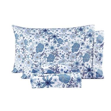 Imagem de Mooreeke Jogo de lençol de casal floral, microfibra macia respirável vintage, estampado, antiderrapante, lençol com elástico profundo, estampa de flor azul