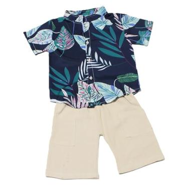 Imagem de Conjunto de terno de camisa e short azul escuro floral de manga curta para bebês/bebês, roupas para crianças pequenas., Azul escuro, G