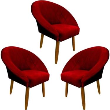 Imagem de Kit 3 Poltronas Decorativa para Recepção sala de estar Sala de Leitura resistente reforçada tecido veludo pés madeira MOBLAN decor (Vermelho)