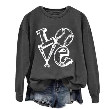 Imagem de Moletom feminino de beisebol 2024 com estampa de amor fofo e manga comprida pulôver moderno beisebol Mom camiseta feminina, Cinza escuro, G
