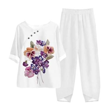 Imagem de Conjunto feminino de 2 peças com estampa floral de conscientização de Alzheimers, roupa casual de verão, roupas roxas, Branco, M