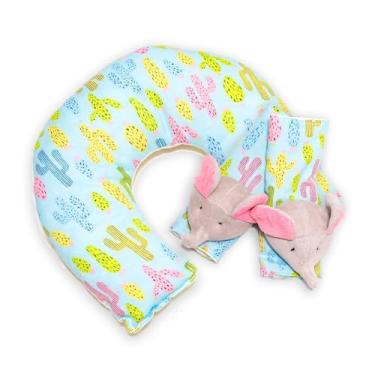 Imagem de Kit 2 Peças Almofada Pescoço e Protetor de Cinto Bebê e Infantil, Estampa Cacto Azul e Rosa
