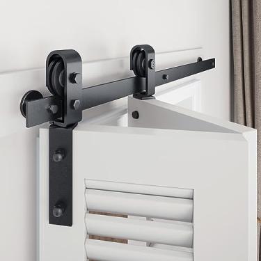 Imagem de EaseLife Kit de trilhos de porta de celeiro deslizante bidobrável de 81 cm para 2 portas de armário, montagem lateral, resistente, deslize suavemente silenciosamente, fácil instalação, preto, sem