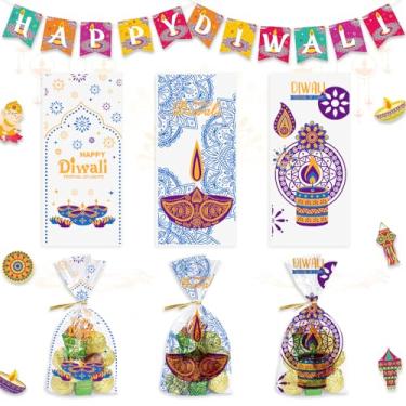 Imagem de 120 peças sacos Diwali Goodie celofane para festa de doces Deepawali, 3 estilos, velas Happy Diwali, sacos de plástico OPP com laços torcidos para presentes de Diwali, suprimentos de decoração de