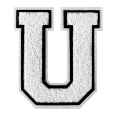 Imagem de Remendos de letras universitárias branco chenille remendo de 11,5 cm Letterman Jacket Patch grande ferro em letras para roupas (branco-U)
