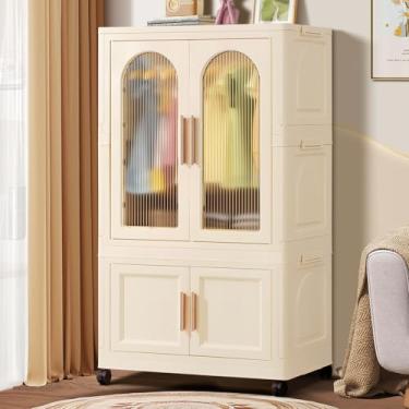 Imagem de BUMODEL Armário infantil portátil de plástico dobrável, grande para bebês, armário, quarto, berçário, cômoda infantil de instalação rápida com haste e porta pendurada, branca