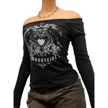 Imagem de BEAUDRM Camiseta feminina Y2k com estampa de letras de manga comprida com ombro de fora, camisetas urbanas, Preto, M