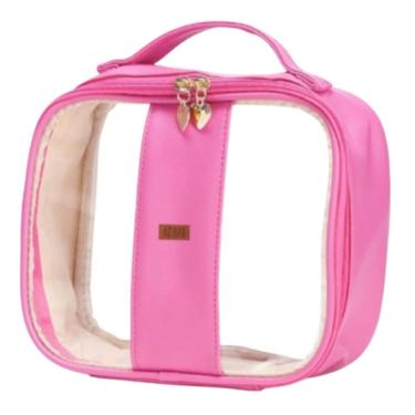 Imagem de Bolsa Necessaire Grande Organizadora Transparente Rosa Pink Viagem Maquiagem SkinCare Produtos Higiene
