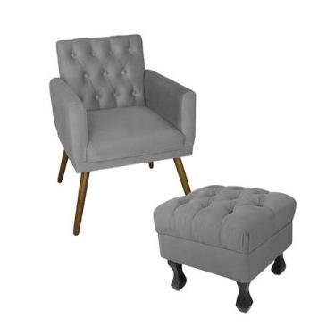 Imagem de Kit Poltrona Emilia E Puff Retrô Para Sala Quarto Suede Cinza - LM DEC