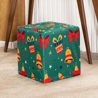 Imagem de Capa de Puff Quadrado Estampada Natalina Avulsa Ajustável com Elástico - Tecido Veludo Suede Decoração Natal Banquinho Luxo Para Sala Quarto Pufe Banco Protetor Banqueta Centro (Sinos Verde)