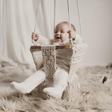 Imagem de Boho Macrame Baby Swing Chair- 100% Natural Cotton, Handmade Macrame Swing Boho Baby Outdoor High Back Baby Gift Nursery Decor, Best Gift